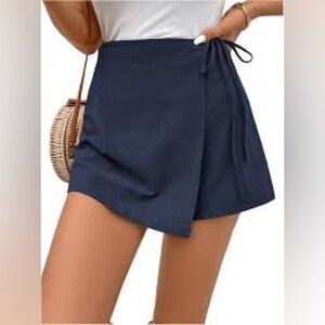 339-Joie Navy Linen Wrap Skort Side Tie Cargo Style